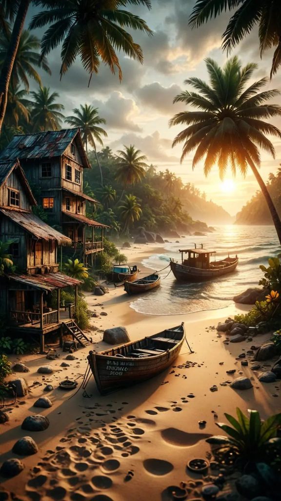Tropical beach sunset wallpaper 4K featuring wooden huts, palm trees, and vintage boats on the sand for smartphone.