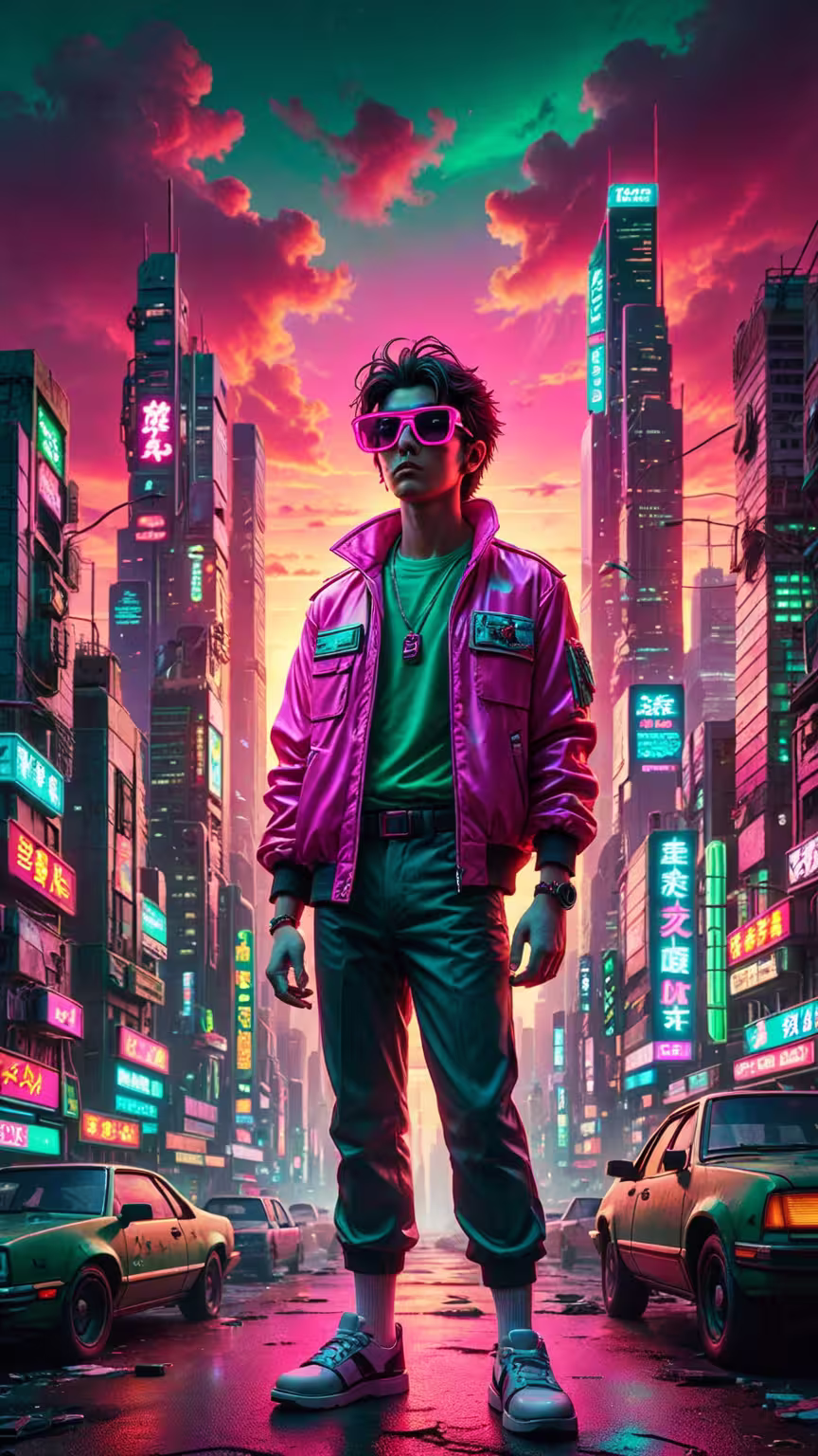 Synthwave cyberpunk 80s 4K mobile wallpaper: a stylish man in a pink jacket standing in a neon-lit futuristic city.