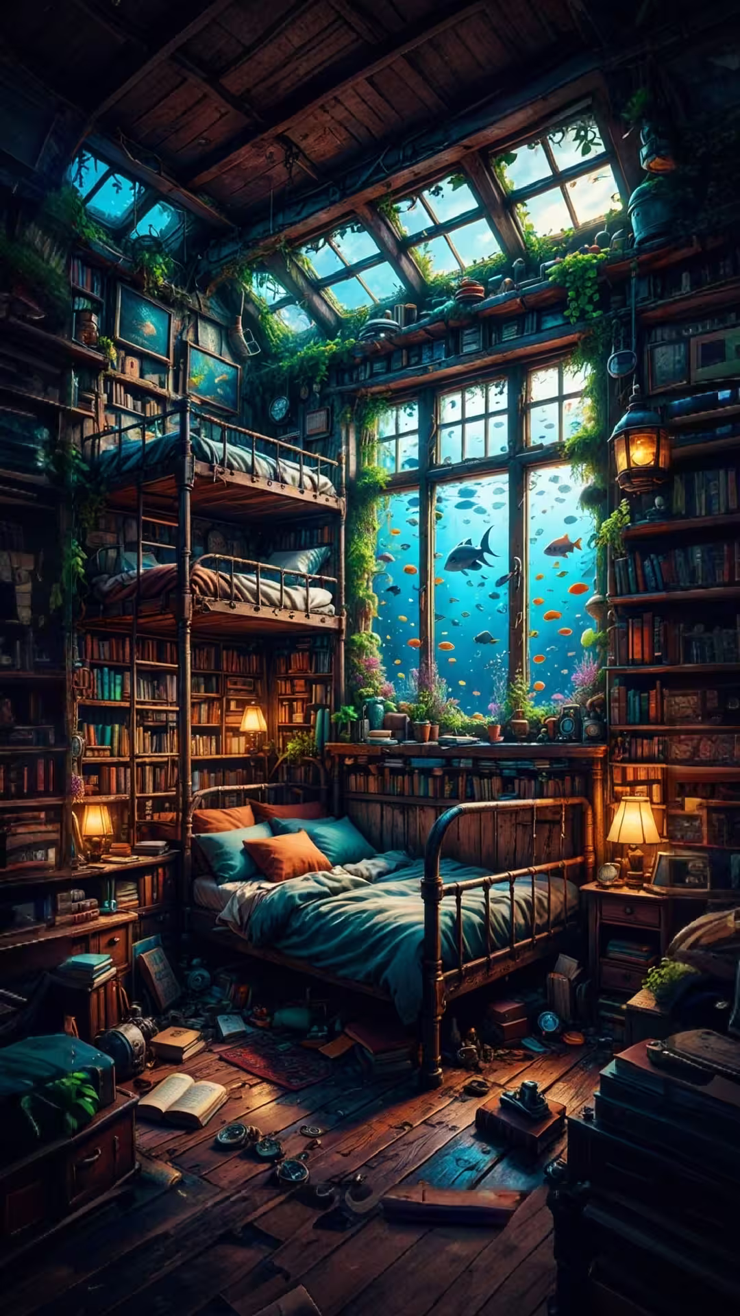 Underwater aquarium view bedroom wallpaper 4K featuring a cozy library loft with a giant window into the deep sea.
