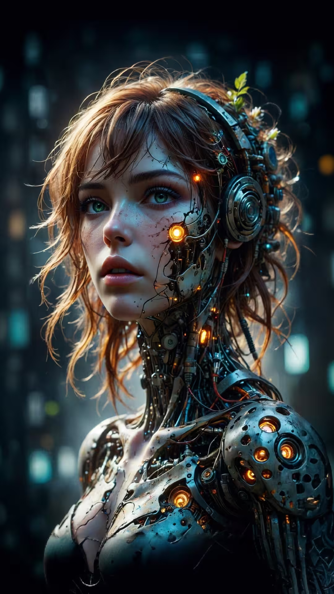 Cyberpunk android girl fantasy wallpaper 4K with glowing mechanical parts, messy red hair, and a dark city background.