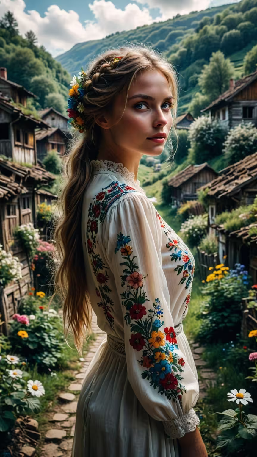 Traditional alpine woman 4K mobile wallpaper: a woman in embroidered folk dress standing in a flower-lined mountain village.