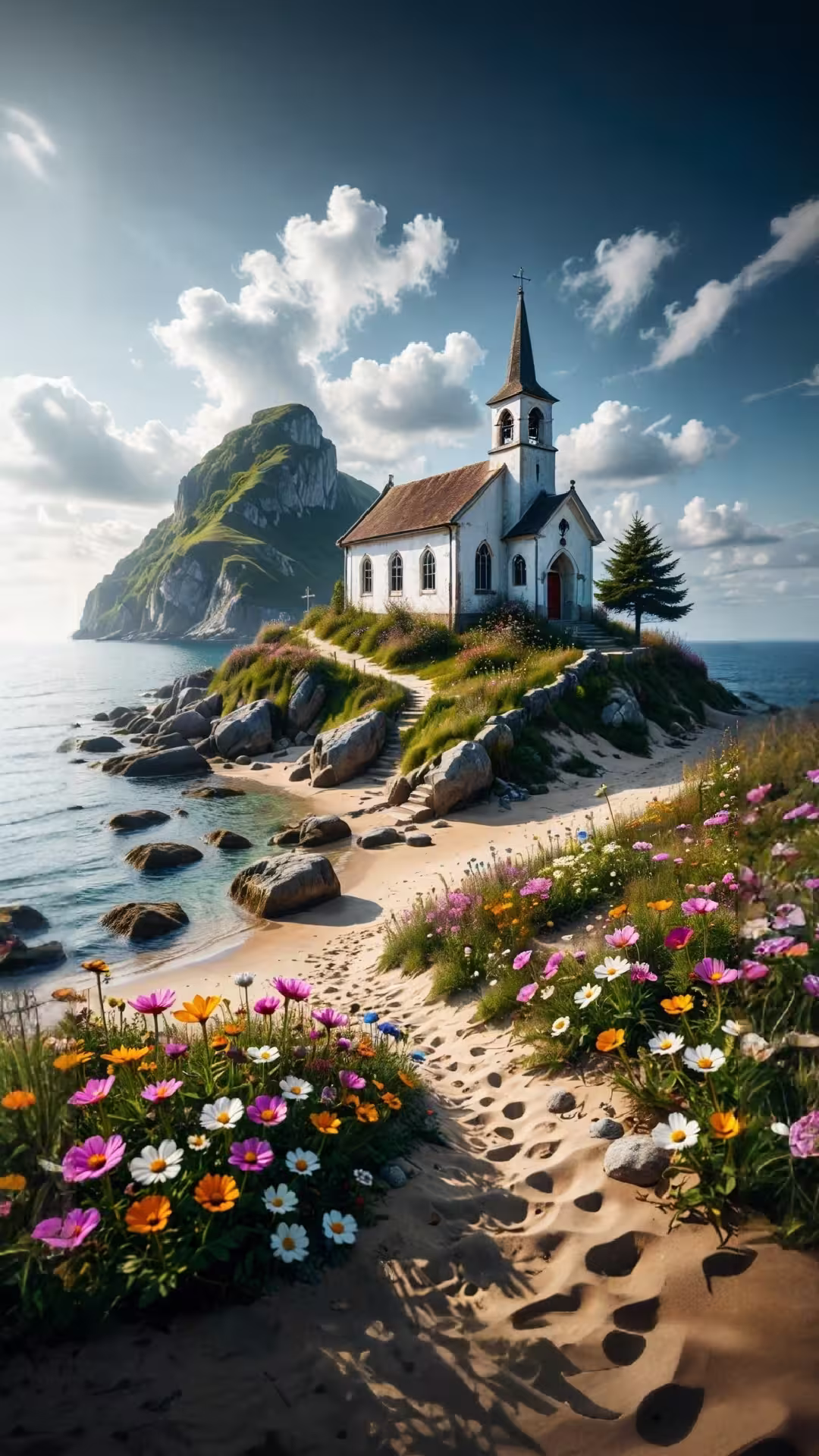 Scenic beach church sunset wallpaper 4K: a white chapel on a flowery cliff overlooking the ocean and a mountain.