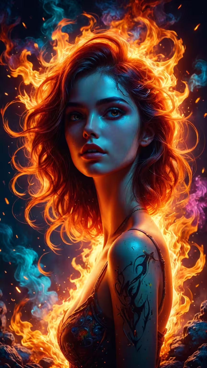 Flaming woman fantasy art wallpaper 4K featuring a girl with fiery hair, blue lighting, and a tribal shoulder tattoo.