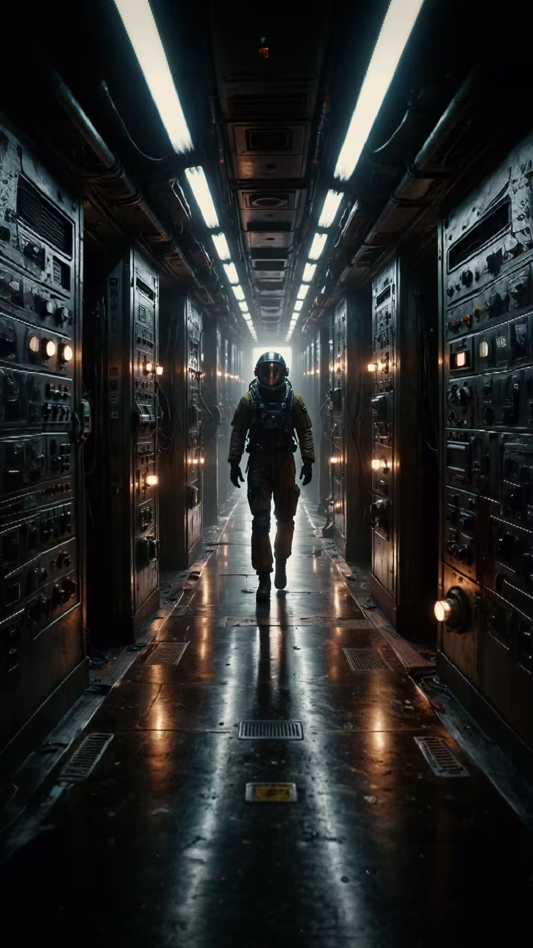 Cinematic sci-fi astronaut 4K mobile wallpaper: a lone explorer walking down a dark, high-tech spaceship corridor.