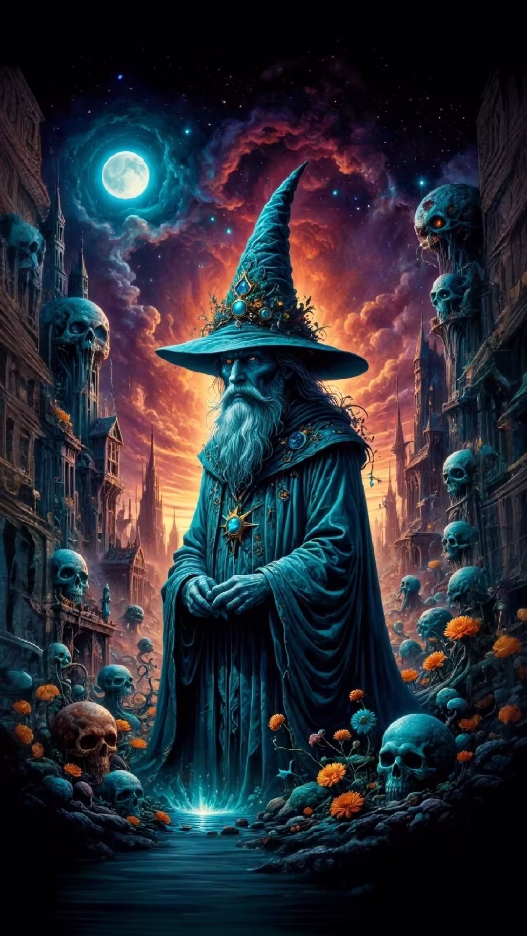 Dark wizard necromancer 4K smartphone wallpaper: hooded mage in teal robes amidst skulls and a cosmic moonlit sky.