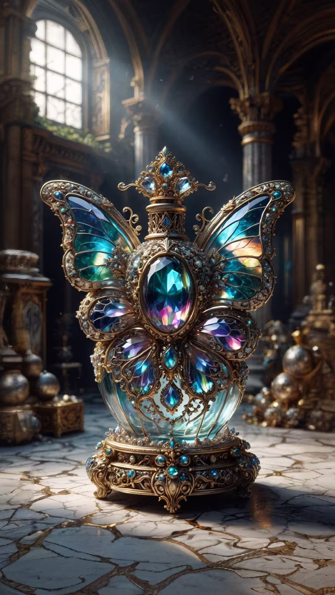 Crystal butterfly perfume bottle wallpaper 4K featuring an ornate jeweled elixir in a majestic sunlit palace.