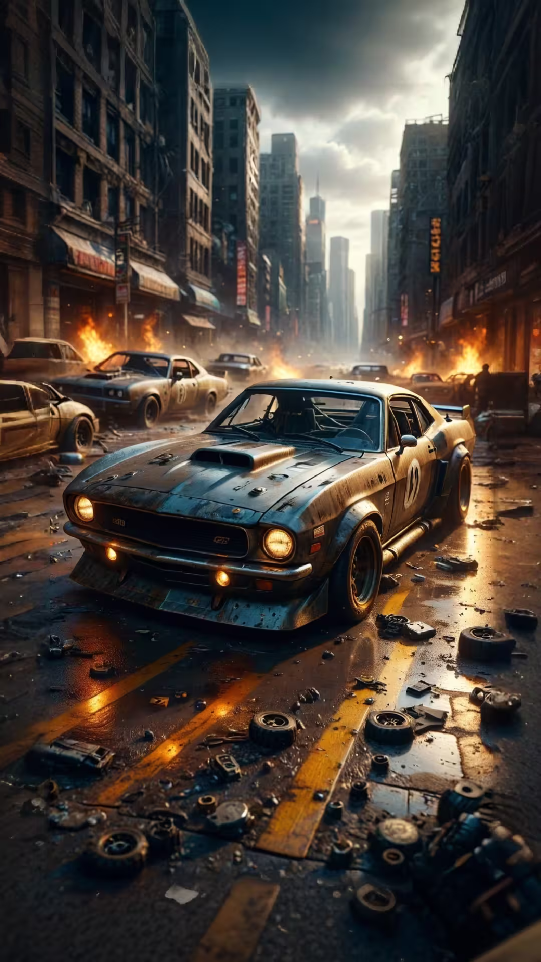 Post-apocalyptic muscle car wallpaper 4K featuring a rugged vintage car on a destroyed city street with fire.