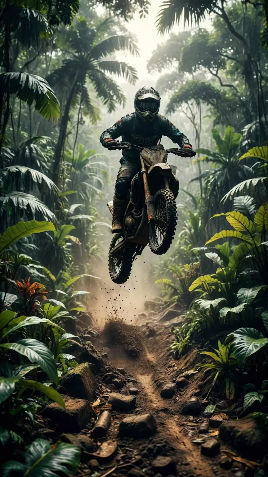 Dirt bike jungle jump 4K mobile wallpaper: a motocross rider mid-air on a muddy trail surrounded by tropical palm trees.