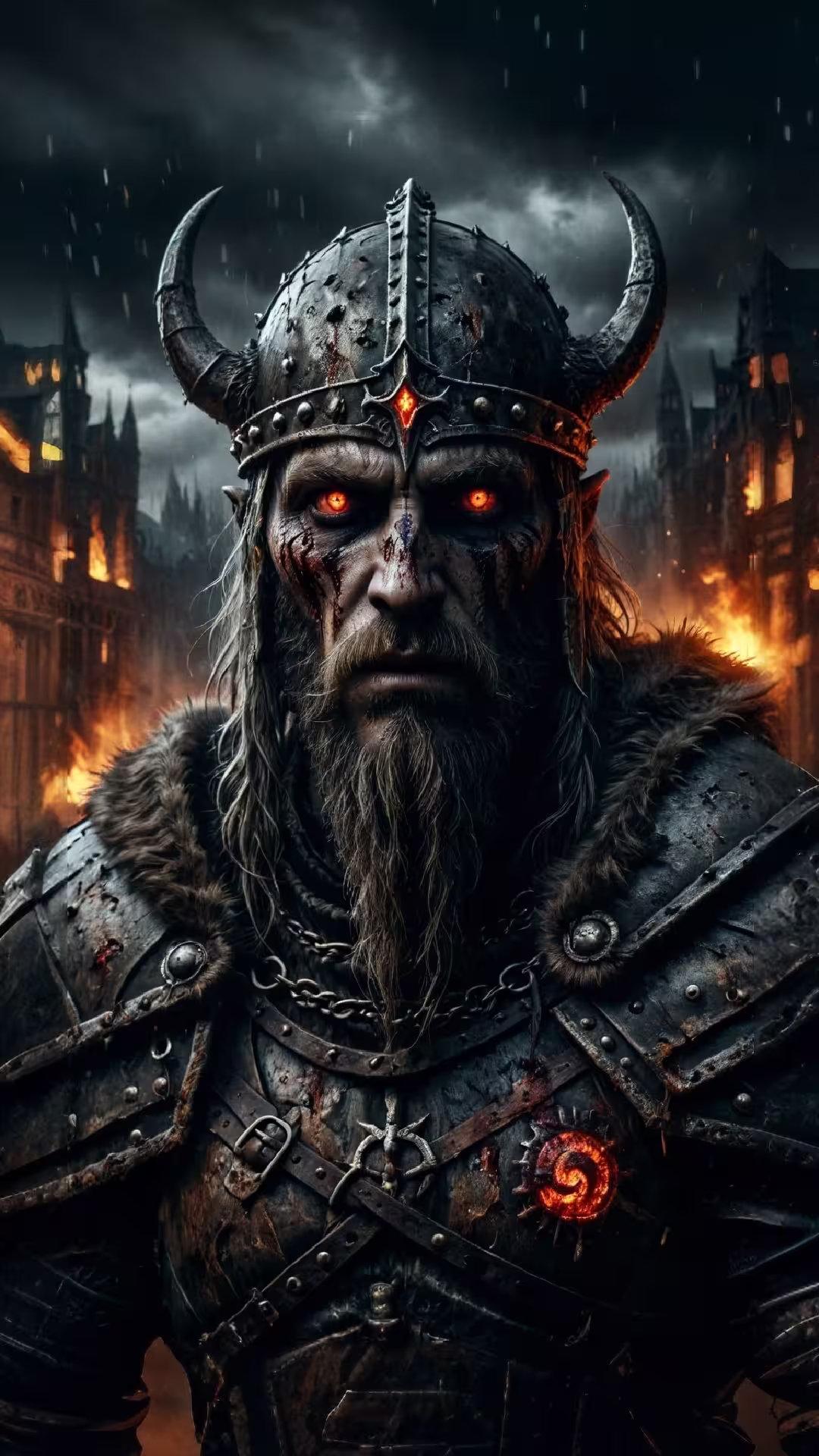 Undead viking warrior 4K mobile wallpaper: a battle-worn draugr with glowing red eyes in front of a burning village.