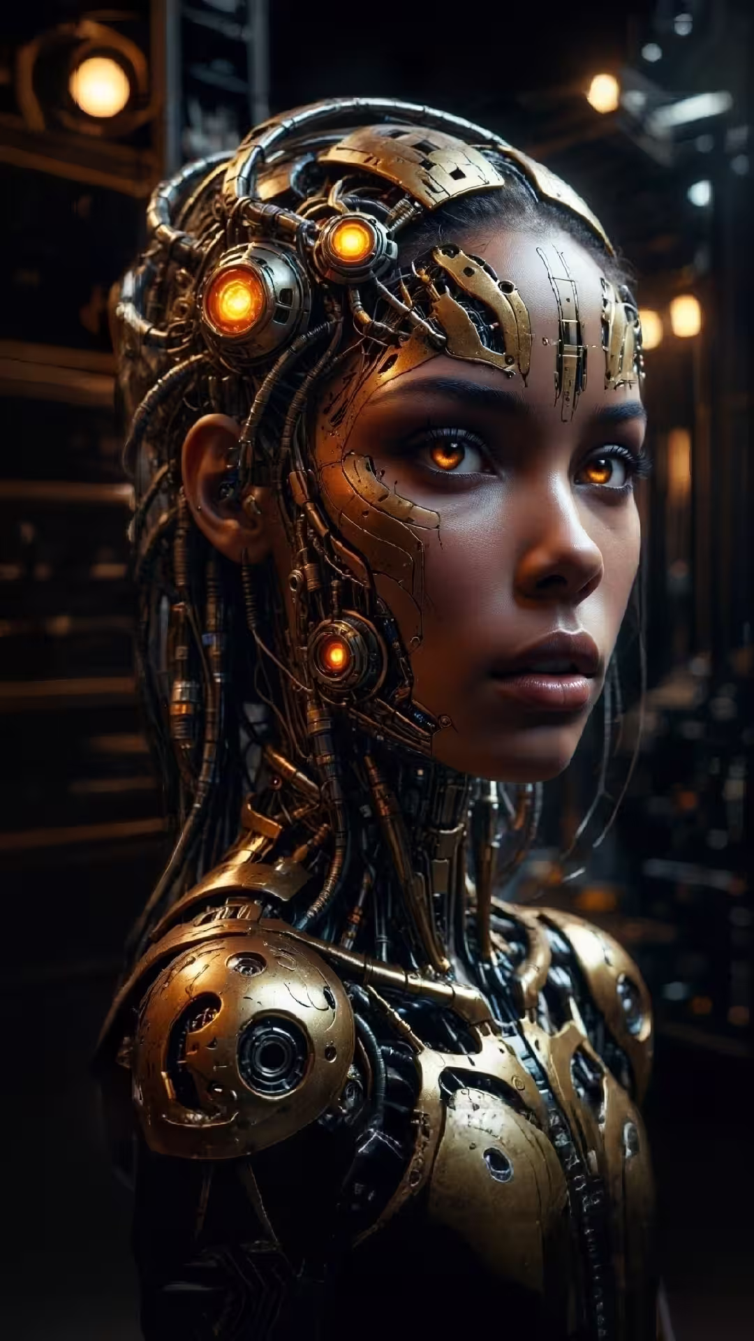 Futuristic golden cyborg woman 4K mobile wallpaper featuring intricate mechanical details and glowing orange sensors.