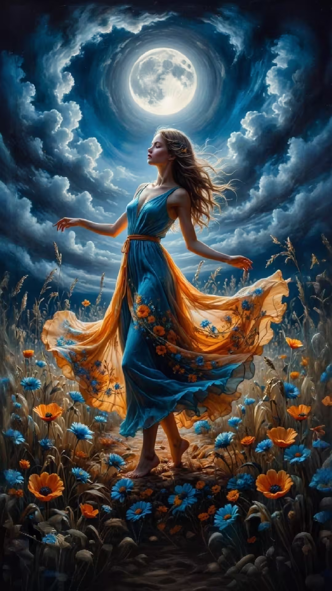 Ethereal moonlit goddess 4K mobile wallpaper: a woman in a flowing blue dress dancing in a field under a full moon.