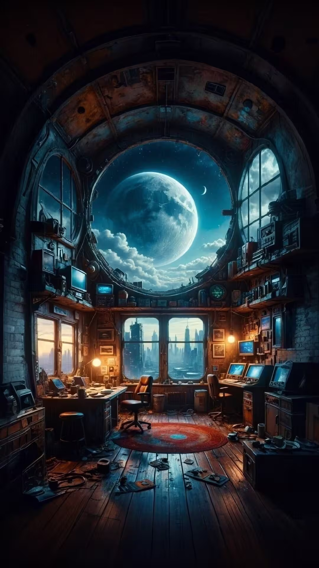 Sci-fi moon view 4K mobile wallpaper: a cozy, high-tech attic workshop overlooking a city and a massive lunar sky.