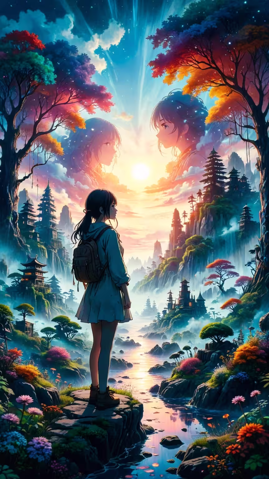 Anime dreamland fantasy landscape wallpaper 4K with a girl looking at a mountain valley and giant faces in the clouds.