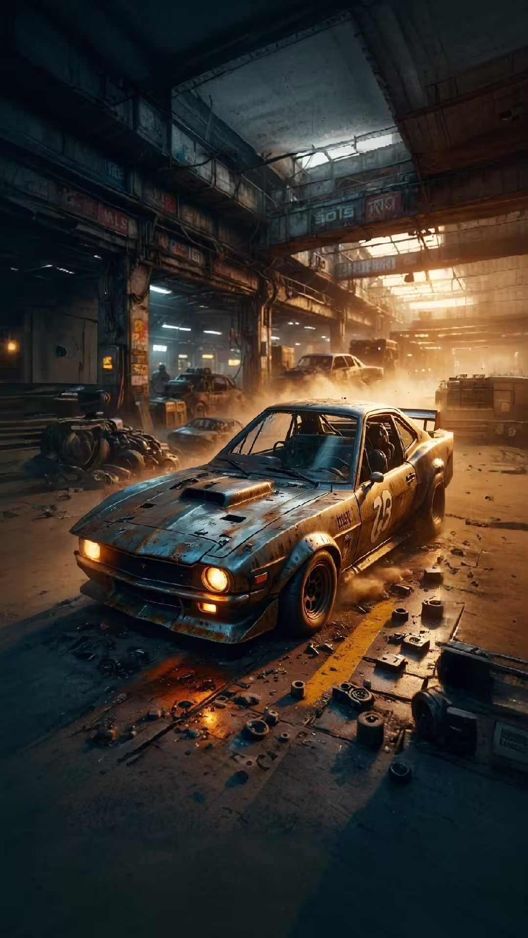 Post-apocalyptic muscle car wallpaper 4K featuring a rusted racing car in a dusty, industrial abandoned warehouse.