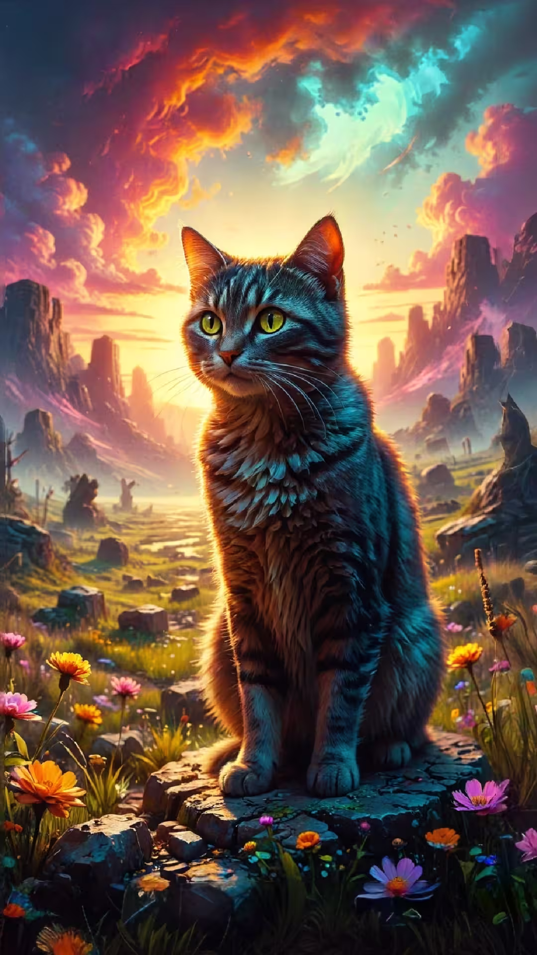 Majestic tabby cat sunset wallpaper 4K featuring a fluffy cat in a vibrant mountain wildflower meadow at dusk.