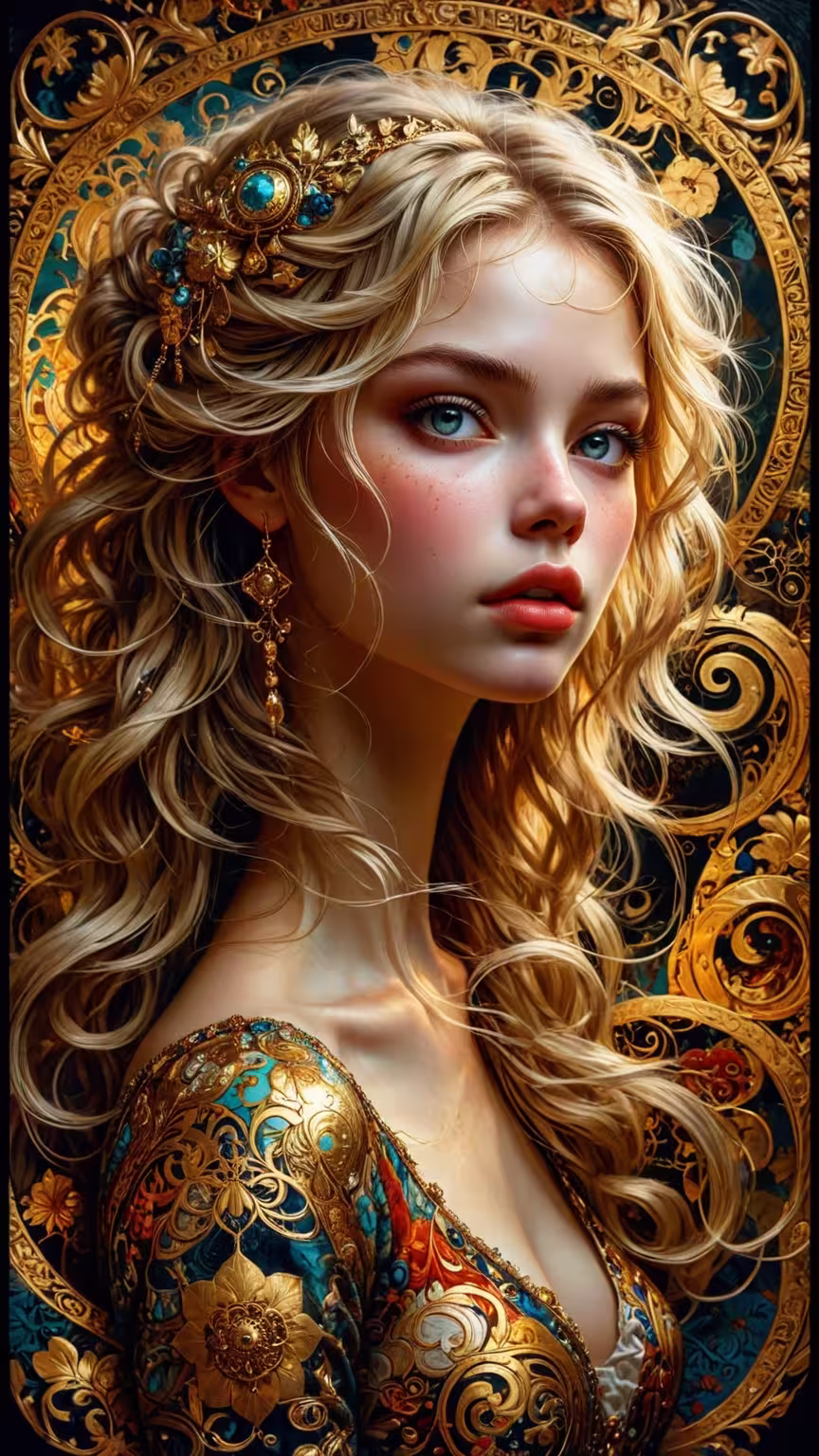 Ornate golden goddess fantasy wallpaper 4K featuring a blonde woman with blue eyes and intricate filigree jewelry.
