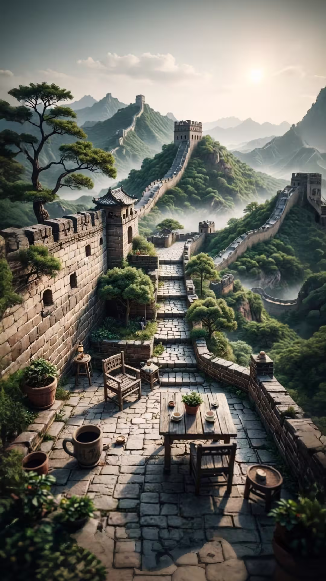 Great Wall of China landscape wallpaper 4K featuring a stone terrace with a tea set overlooking misty mountain peaks.