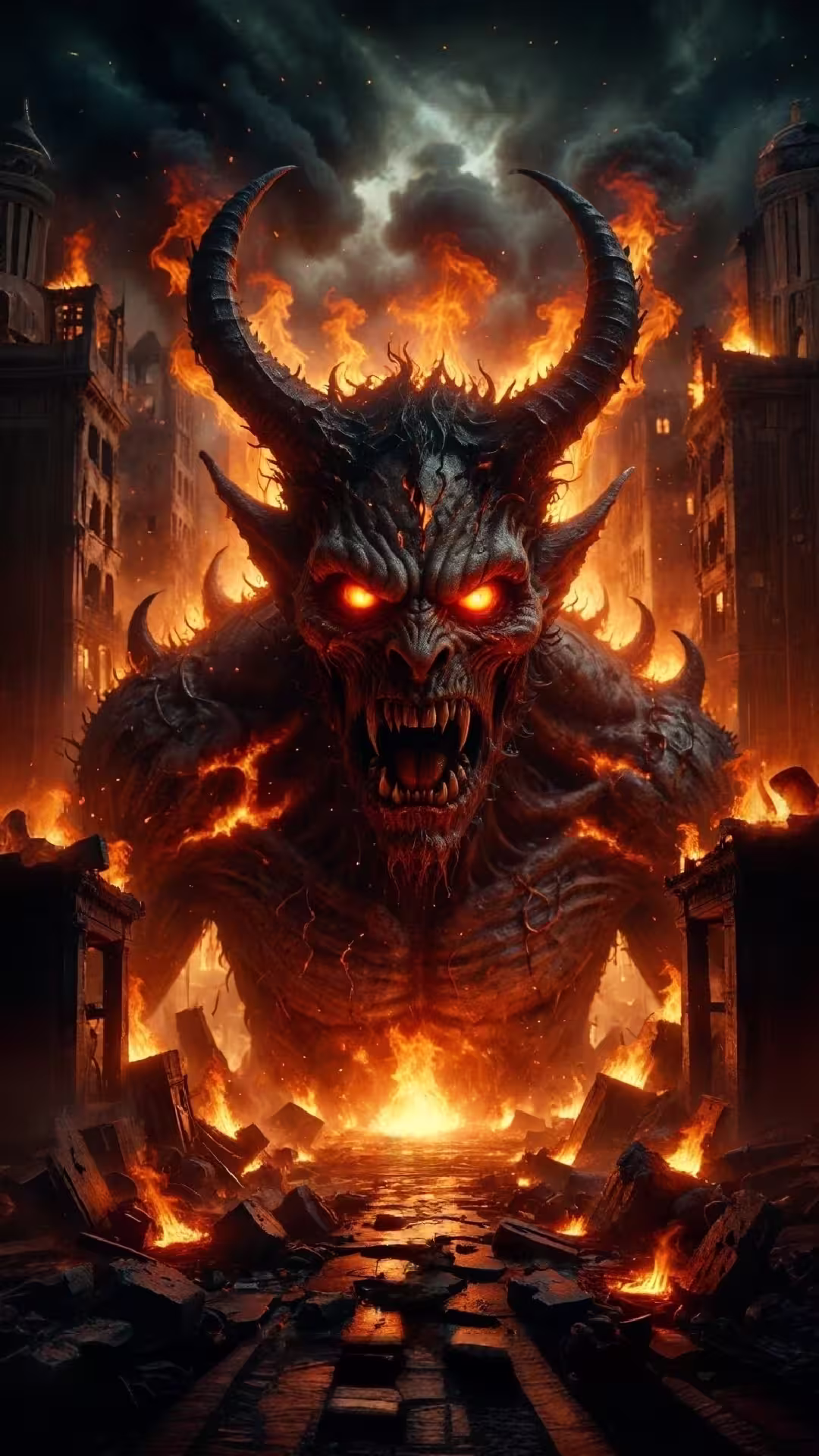 Demonic fire lord 4K mobile wallpaper: a horned lava demon rising from a burning city with glowing red eyes.