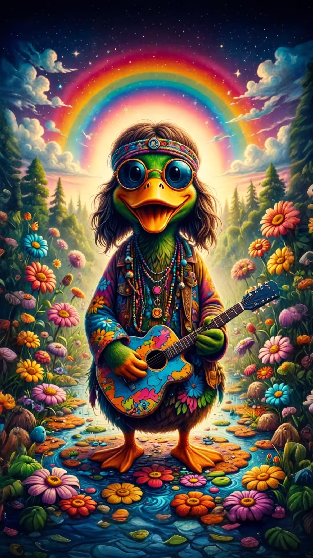 Psychedelic hippie duck 4K mobile wallpaper: a green duck playing a guitar under a rainbow in a colorful flower field.