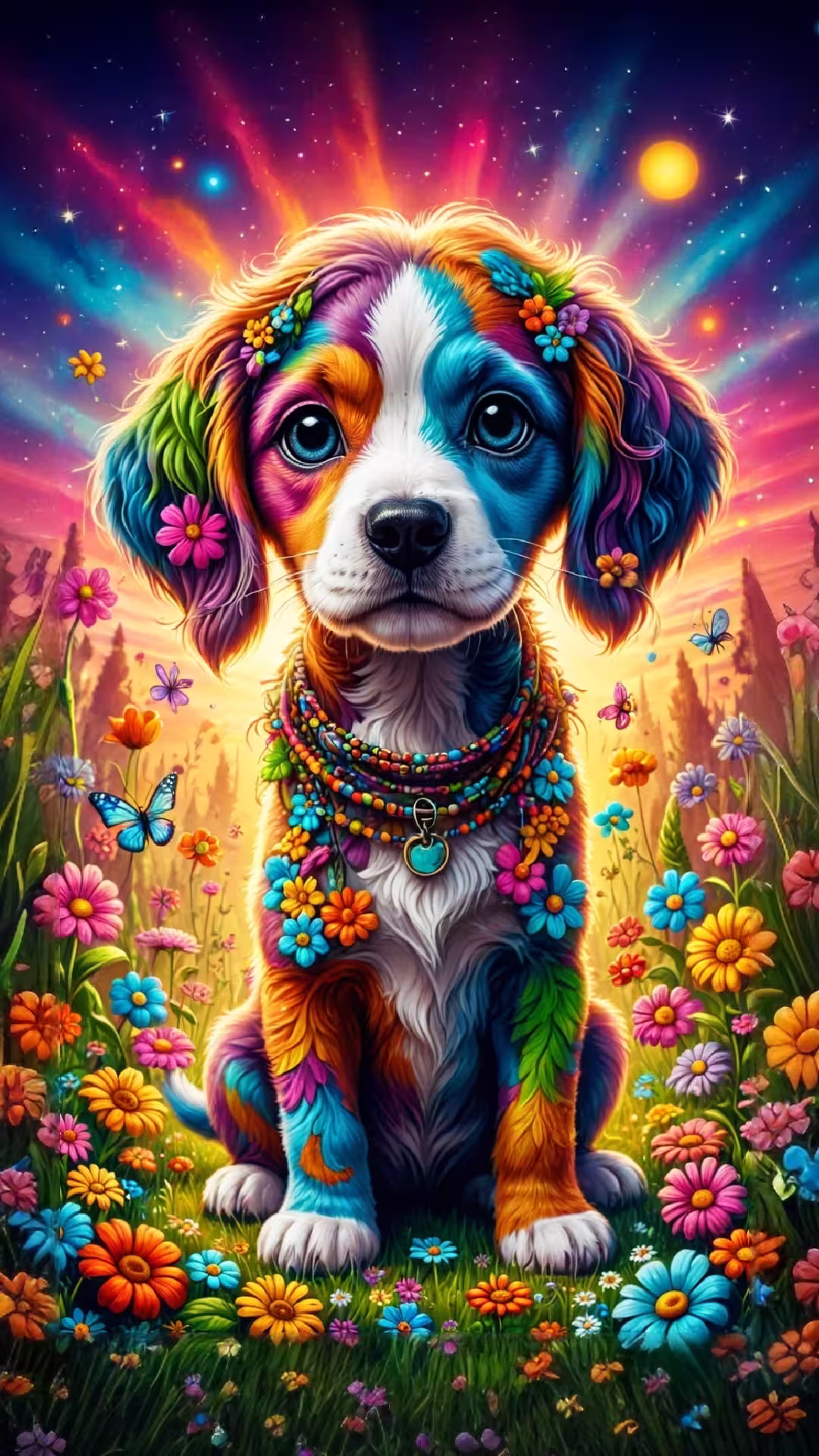 Psychedelic hippie puppy 4K mobile wallpaper: a colorful rainbow dog with flower beads in a vibrant meadow at sunset.