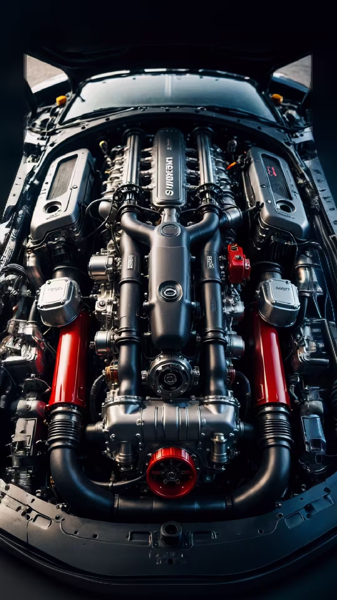 High-performance supercar engine 4K mobile wallpaper: detailed view of a powerful automotive motor with red accents.