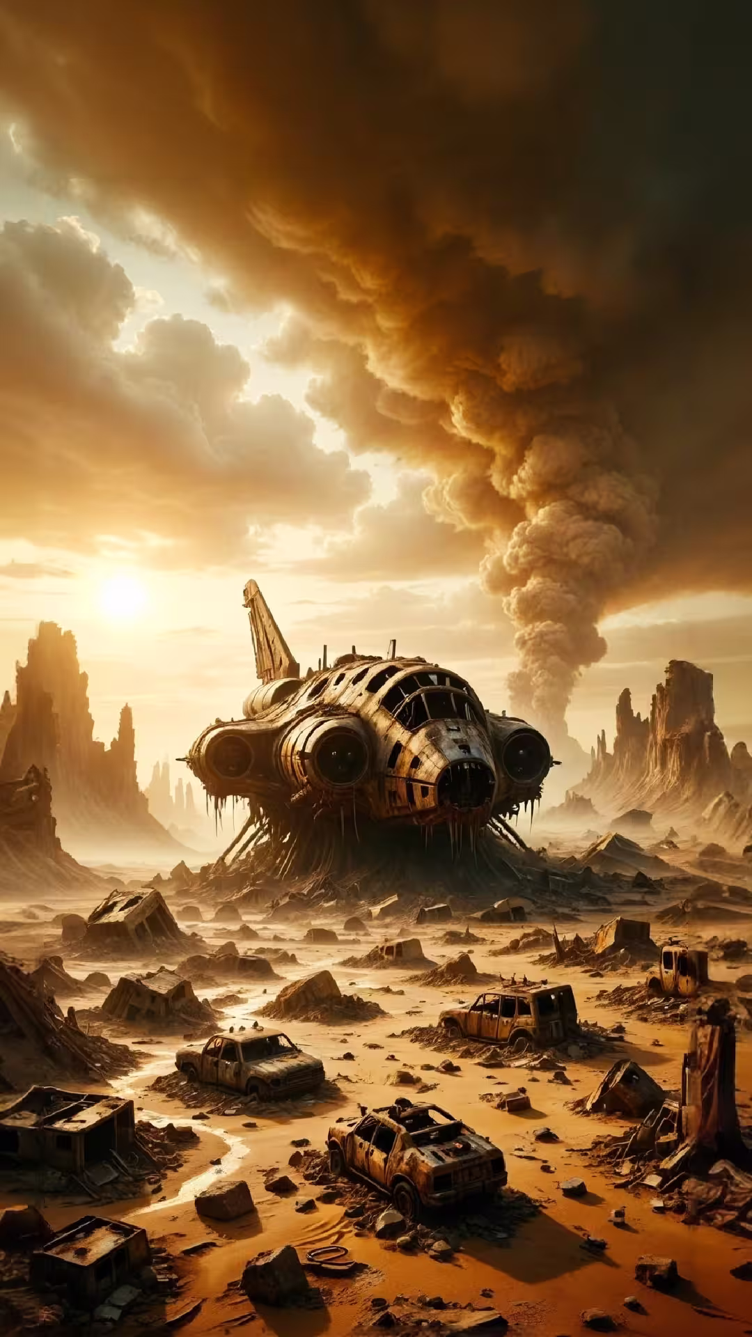 Crashed spaceship desert planet wallpaper 4K featuring a derelict vessel and rusted cars in a dusty wasteland.