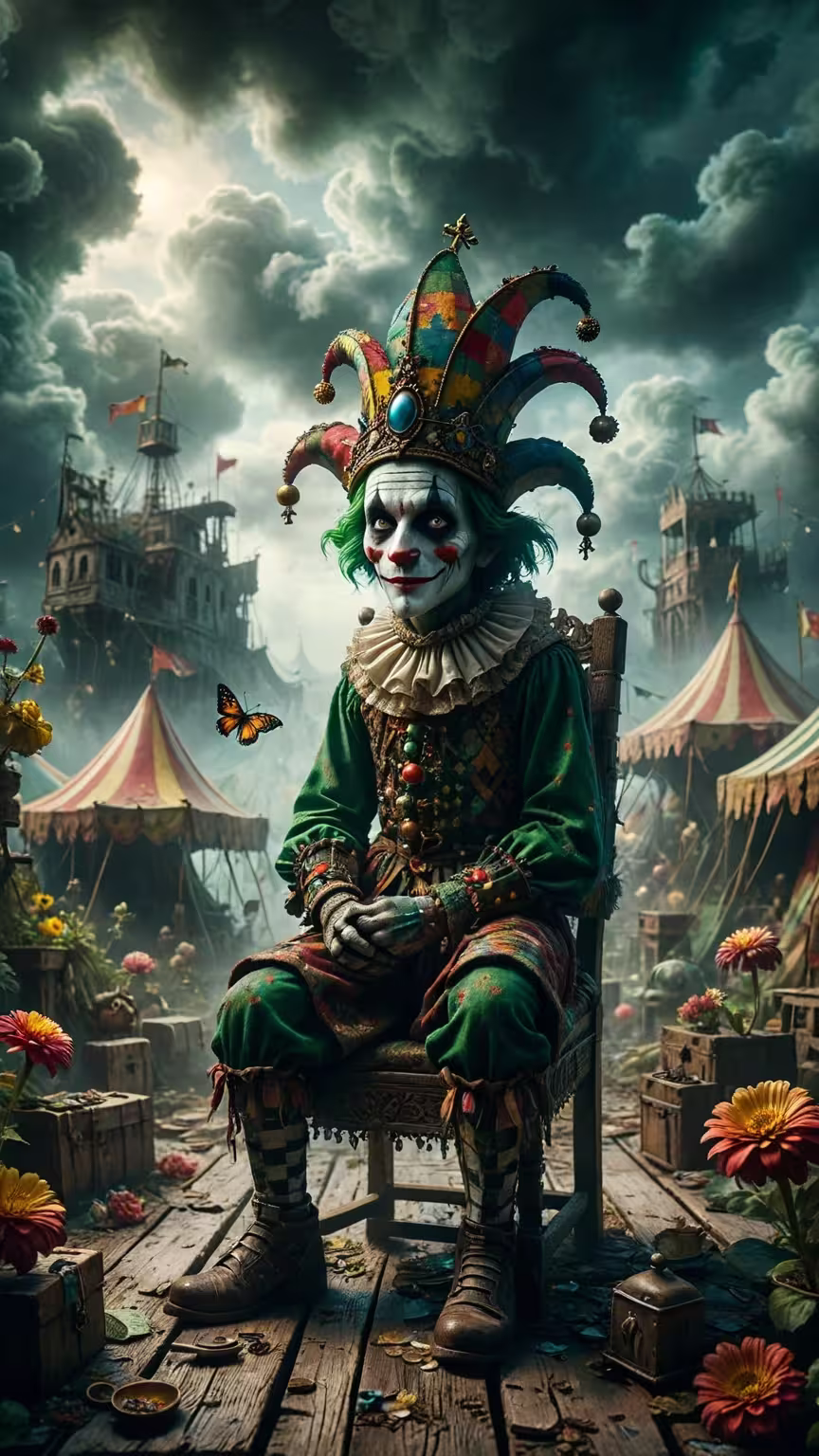 Creepy jester circus fantasy wallpaper 4K featuring a pale clown in a green costume sitting in a dark carnival.