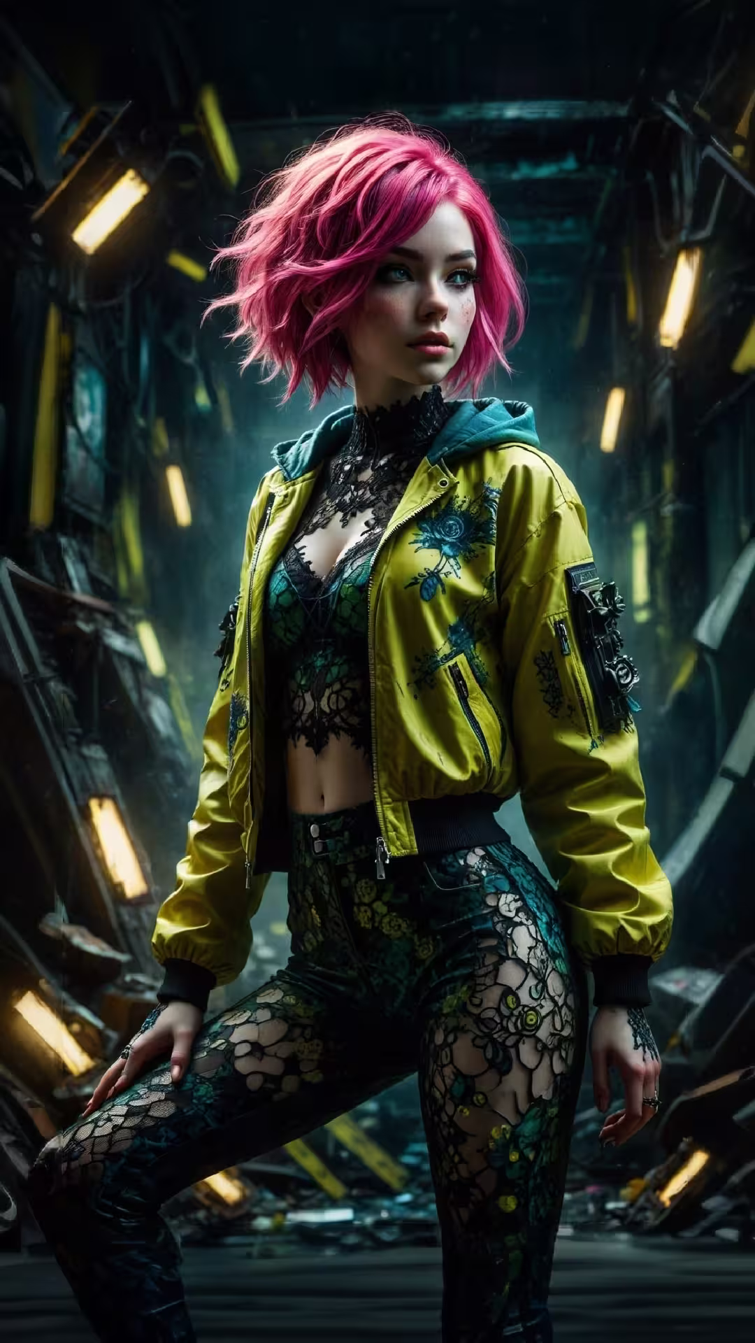 Cyberpunk pink hair girl aesthetic wallpaper 4K featuring a woman in a yellow bomber jacket and lace leggings.