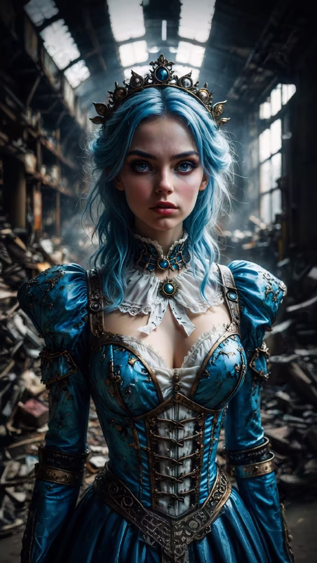 Blue hair steampunk princess wallpaper 4K featuring a young woman in a royal blue gown and ornate crown.