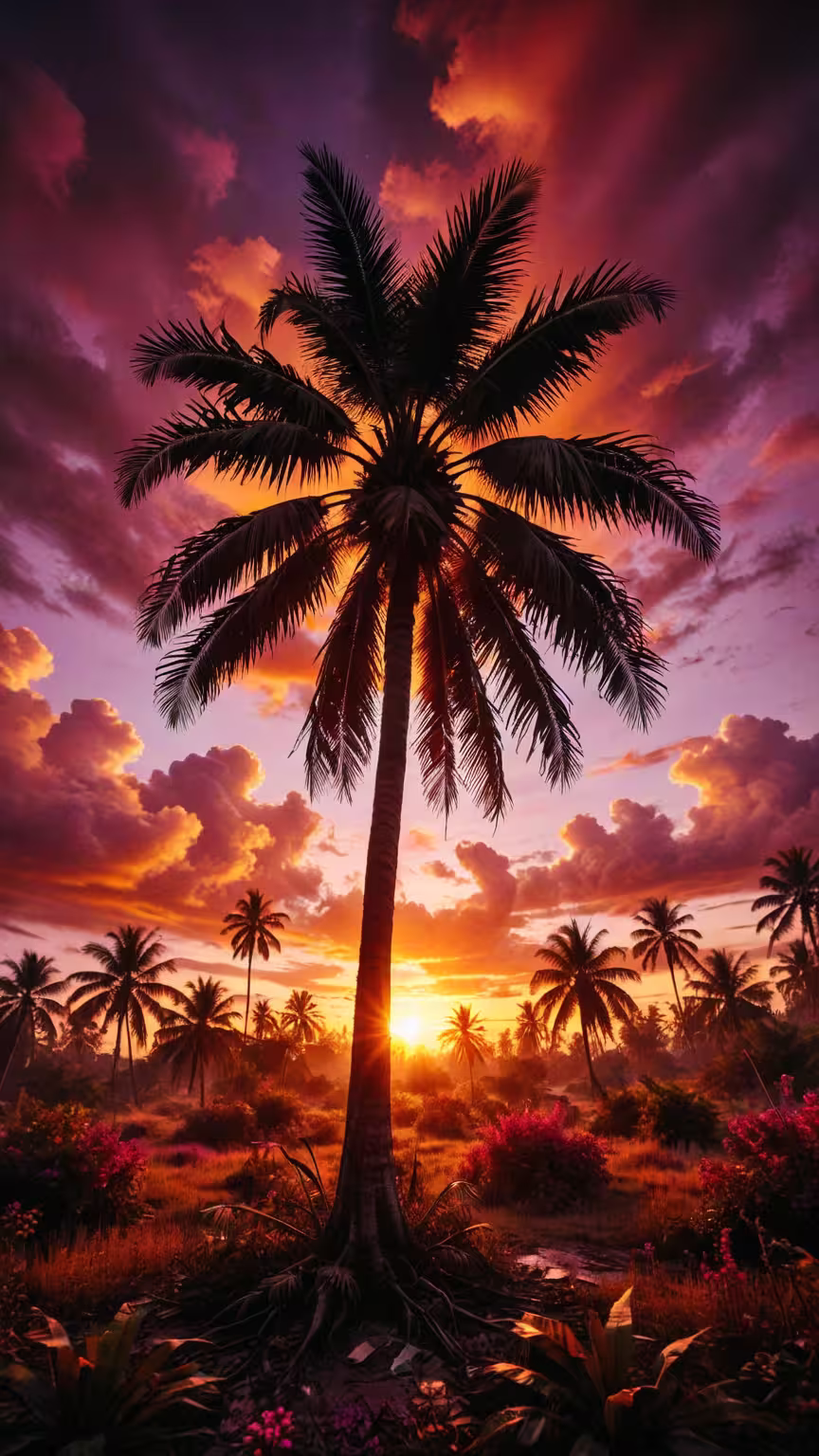 Tropical palm tree sunset 4K mobile wallpaper: a tall silhouette palm against a vibrant orange and purple twilight sky.