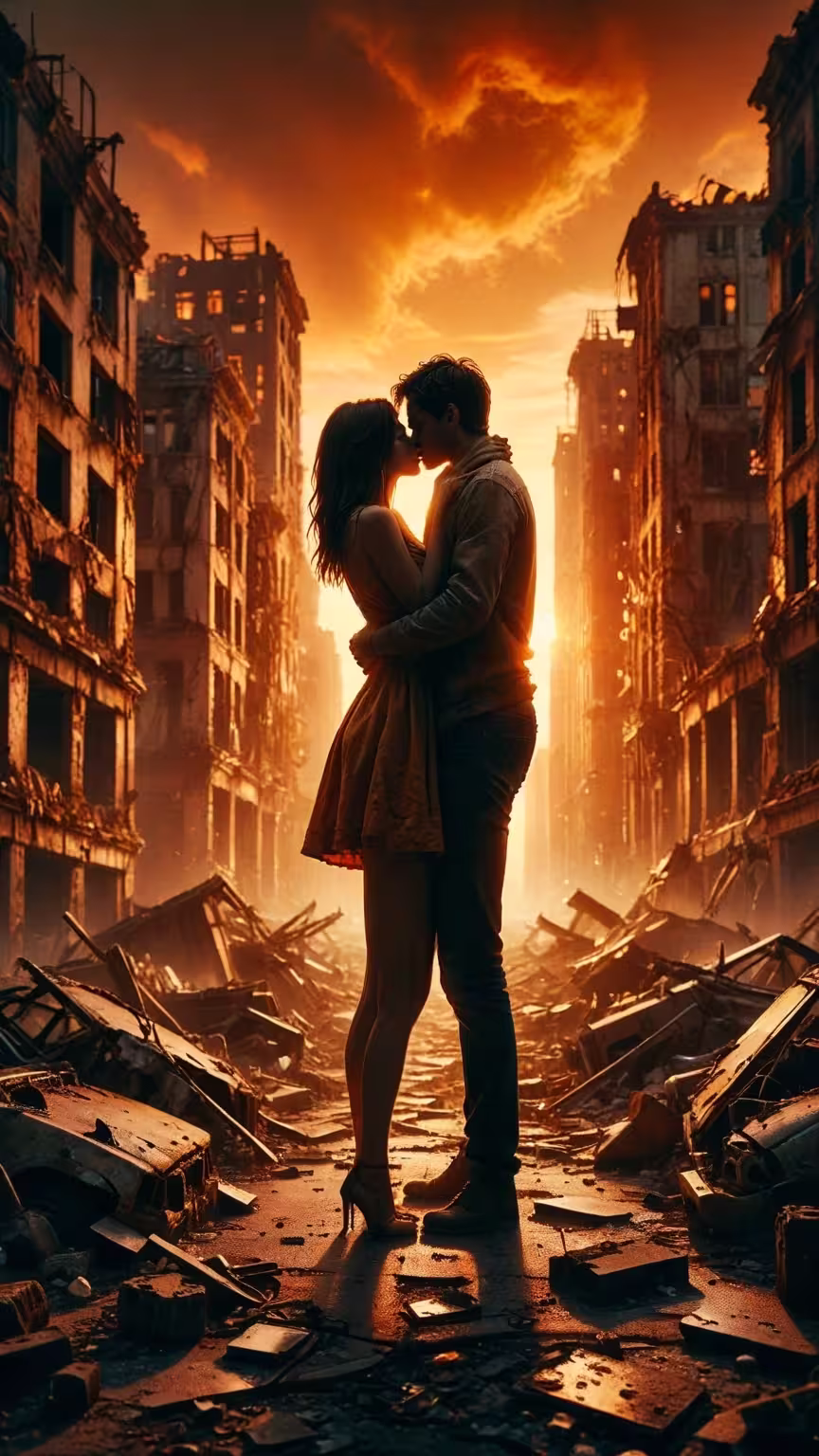 Apocalyptic romance sunset 4K mobile wallpaper: a couple kissing in the ruins of a destroyed city at golden hour.