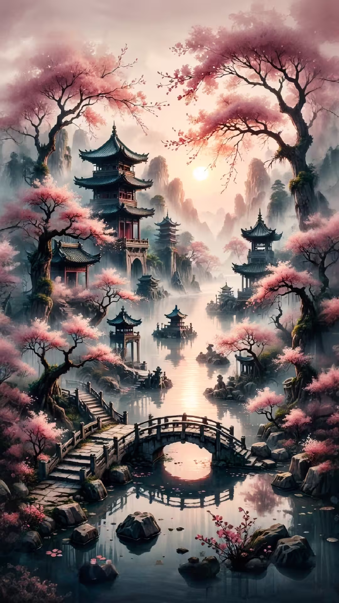 Zen pagoda cherry blossom garden wallpaper 4K with stone bridges, pink trees, and temples along a misty river at sunset.