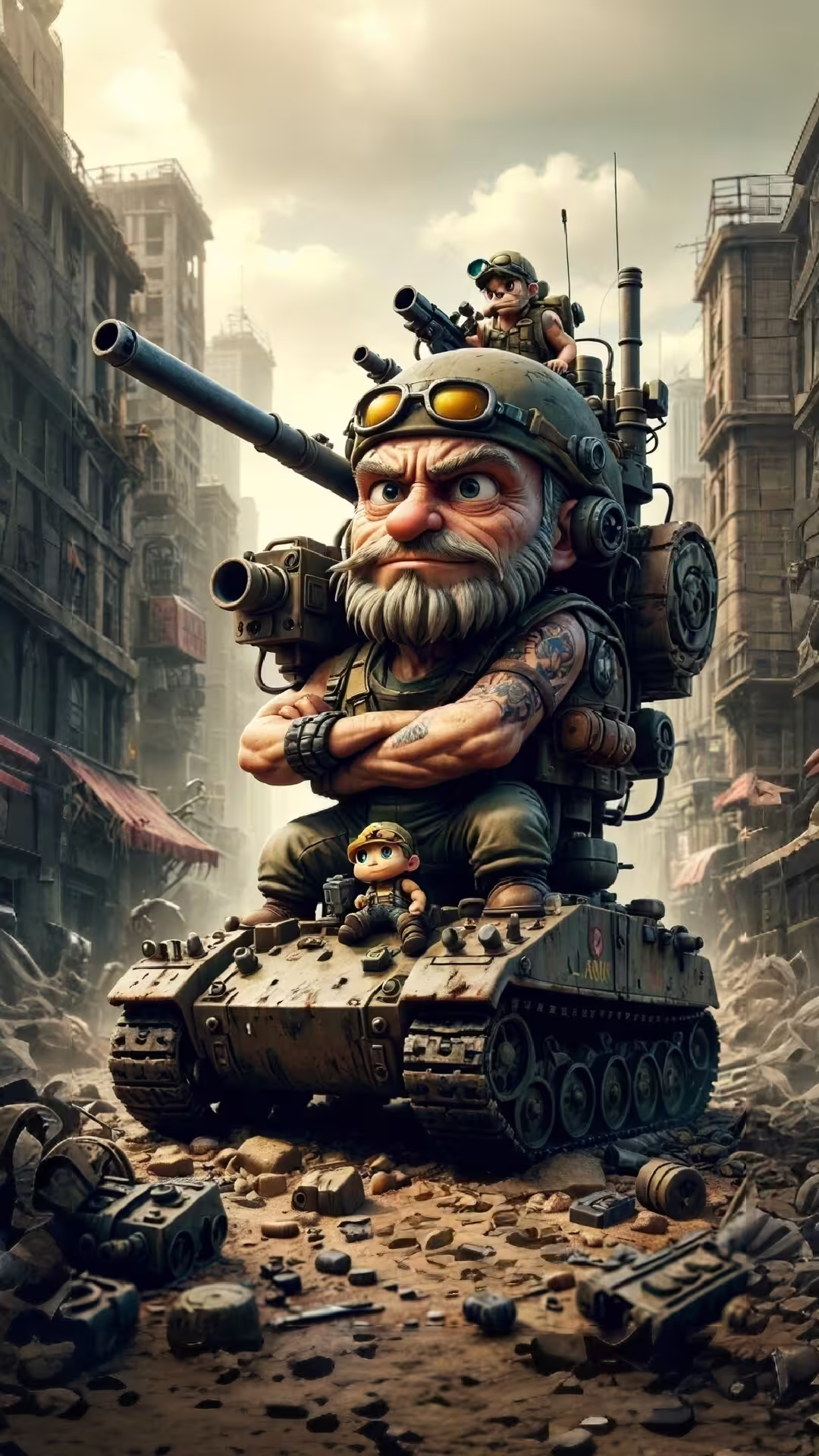 Armored tank commander 4K mobile wallpaper: a veteran soldier atop a heavy tank in a war-torn city ruins.