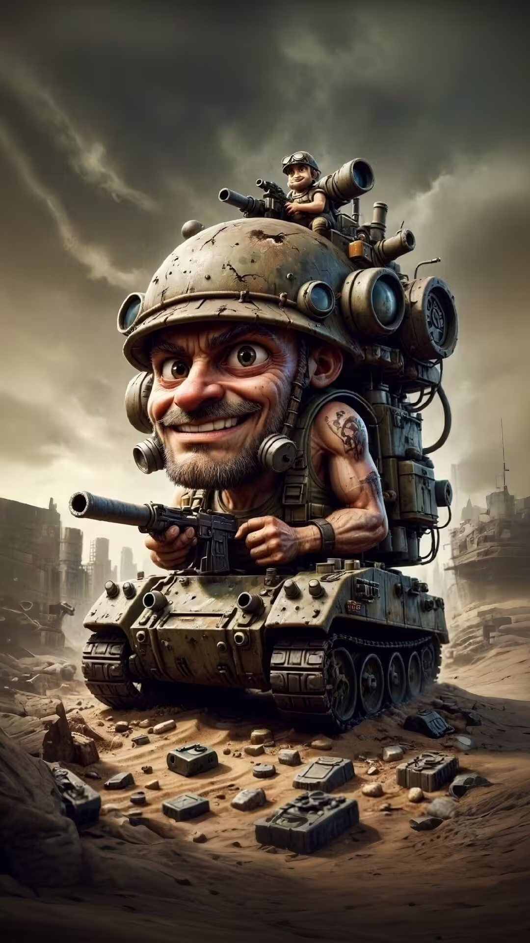 Cartoon soldier tank 4K mobile wallpaper: a stylized, muscular commando integrated into a mini tank in a desert warzone.