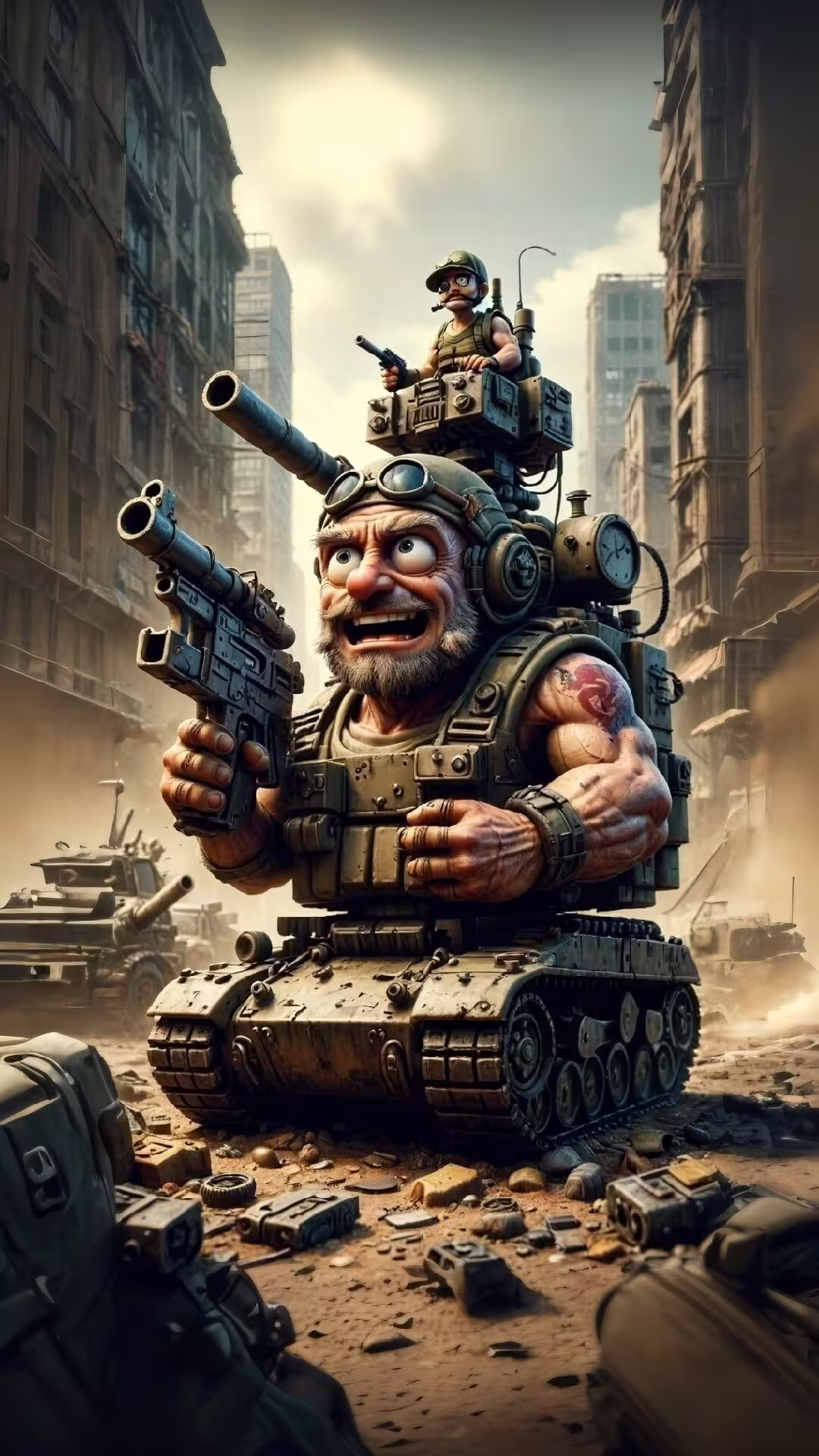 Cartoon soldier tank battle 4K mobile wallpaper: a bearded commando in a mini-tank firing a gun in a ruined city.