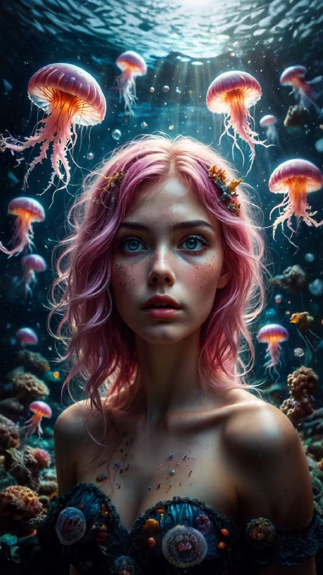 Ethereal pink-haired mermaid 4K mobile wallpaper: underwater scene with glowing jellyfish and bioluminescent coral.