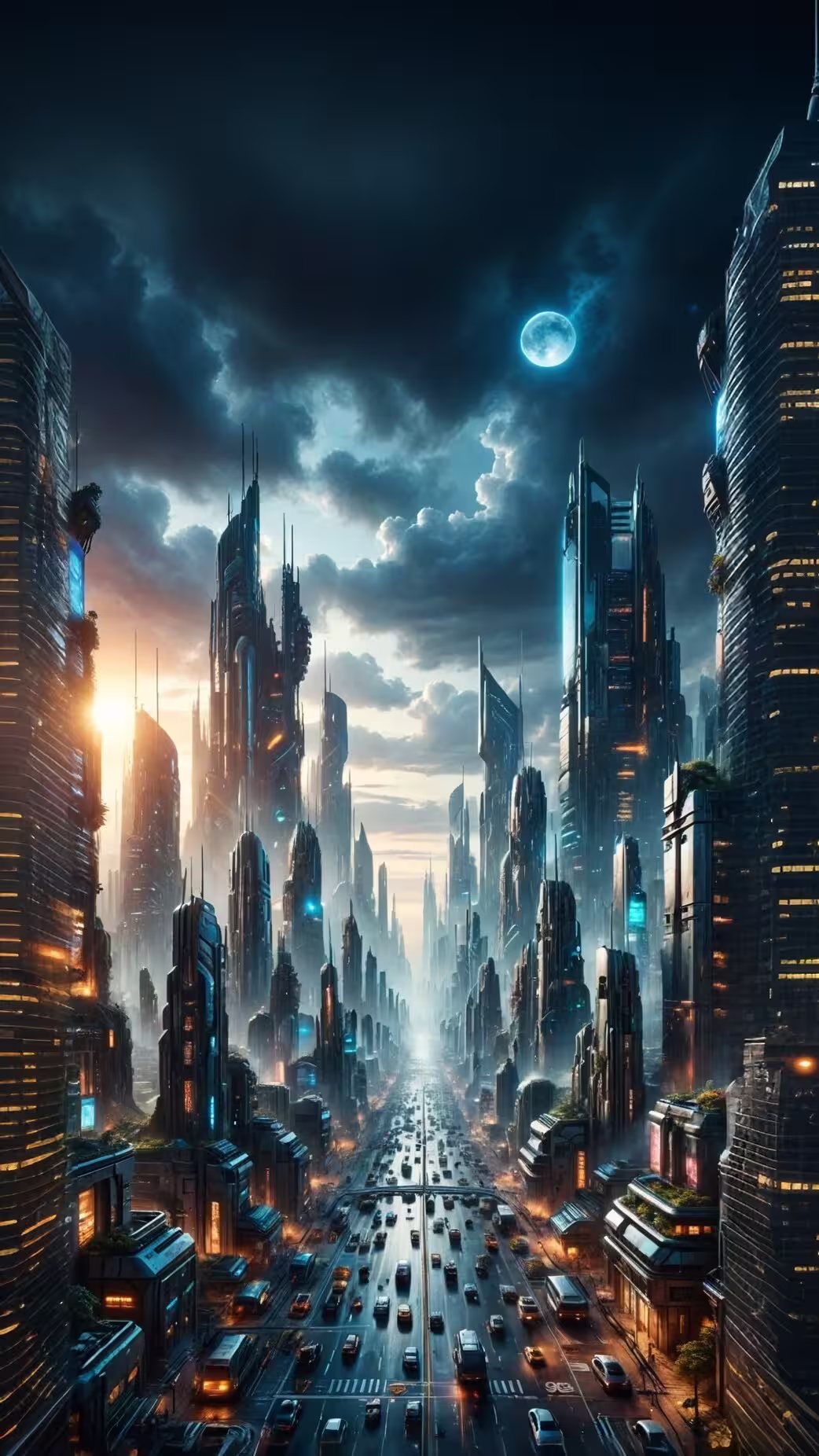 Futuristic cyberpunk city 4K mobile wallpaper: a vast urban landscape with soaring towers and busy traffic under a moon.
