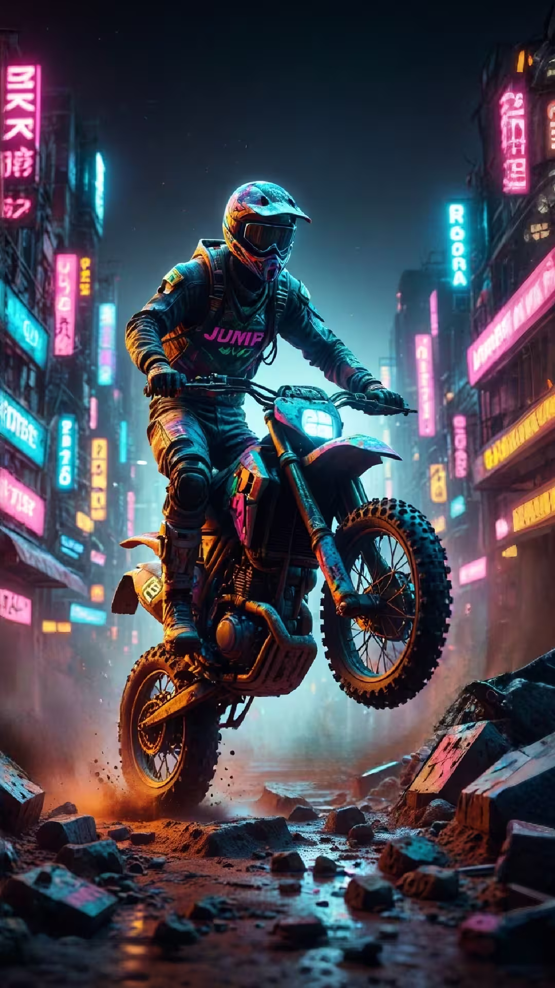 Cyberpunk motocross 4K mobile wallpaper: a neon-lit rider popping a wheelie on a futuristic city street at night.
