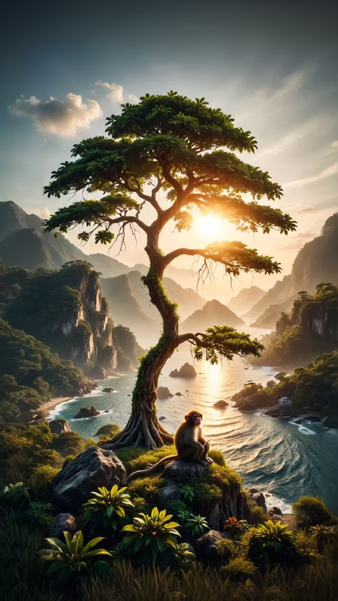 Monkey sunset coastal tree wallpaper 4K featuring a primate sitting under a bonsai-style tree overlooking a tropical bay.
