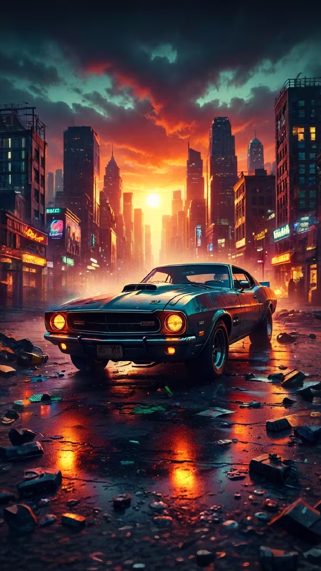 Retro muscle car city sunset wallpaper 4K featuring a classic blue car on a wet street with glowing neon lights.