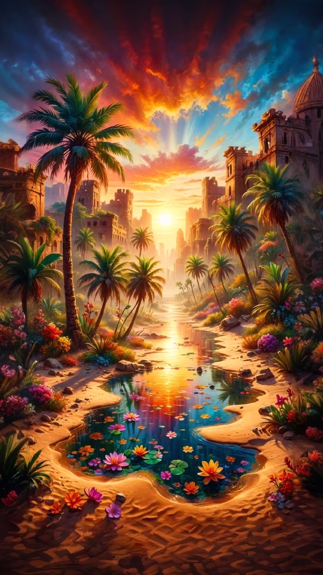 Ancient desert oasis sunset wallpaper 4K with palm trees, stone ruins, and a lily pond under a vibrant orange sky.