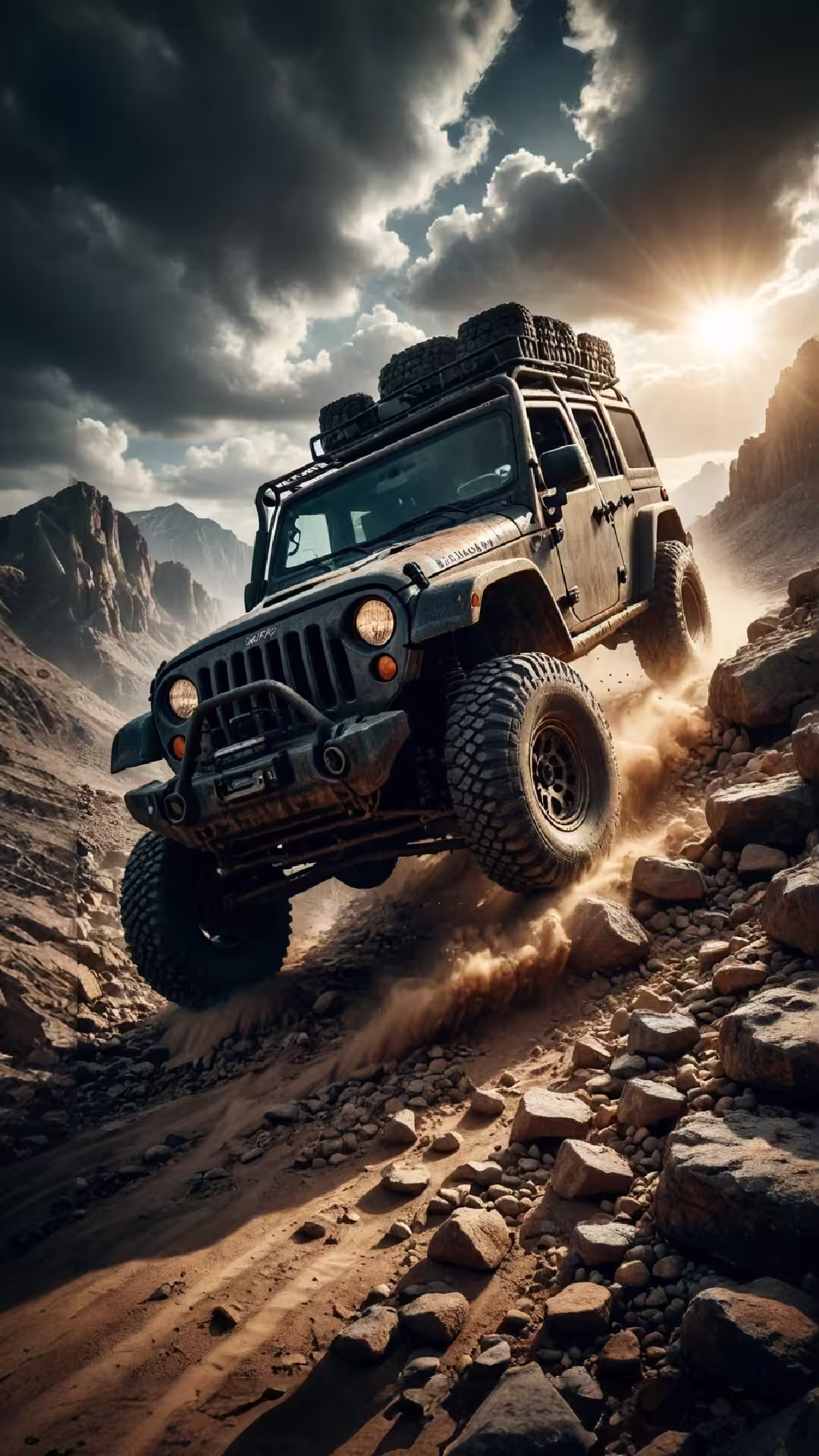 Off-road 4x4 mountain 4K mobile wallpaper: a rugged gray SUV descending a steep, rocky canyon trail at sunset.