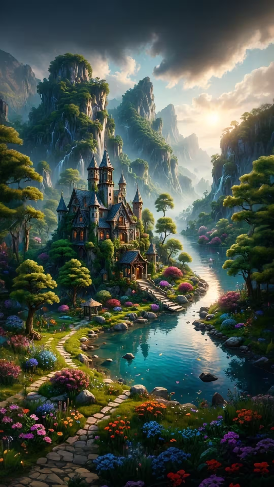 Fantasy castle river 4K mobile wallpaper: a majestic stone manor nestled in a lush valley with waterfalls and flowers.