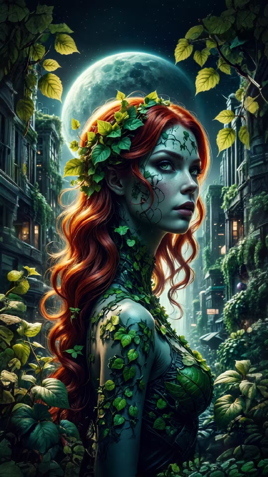 Nature goddess poisonous ivy 4K mobile wallpaper featuring a red-haired woman with green skin under a full moon.