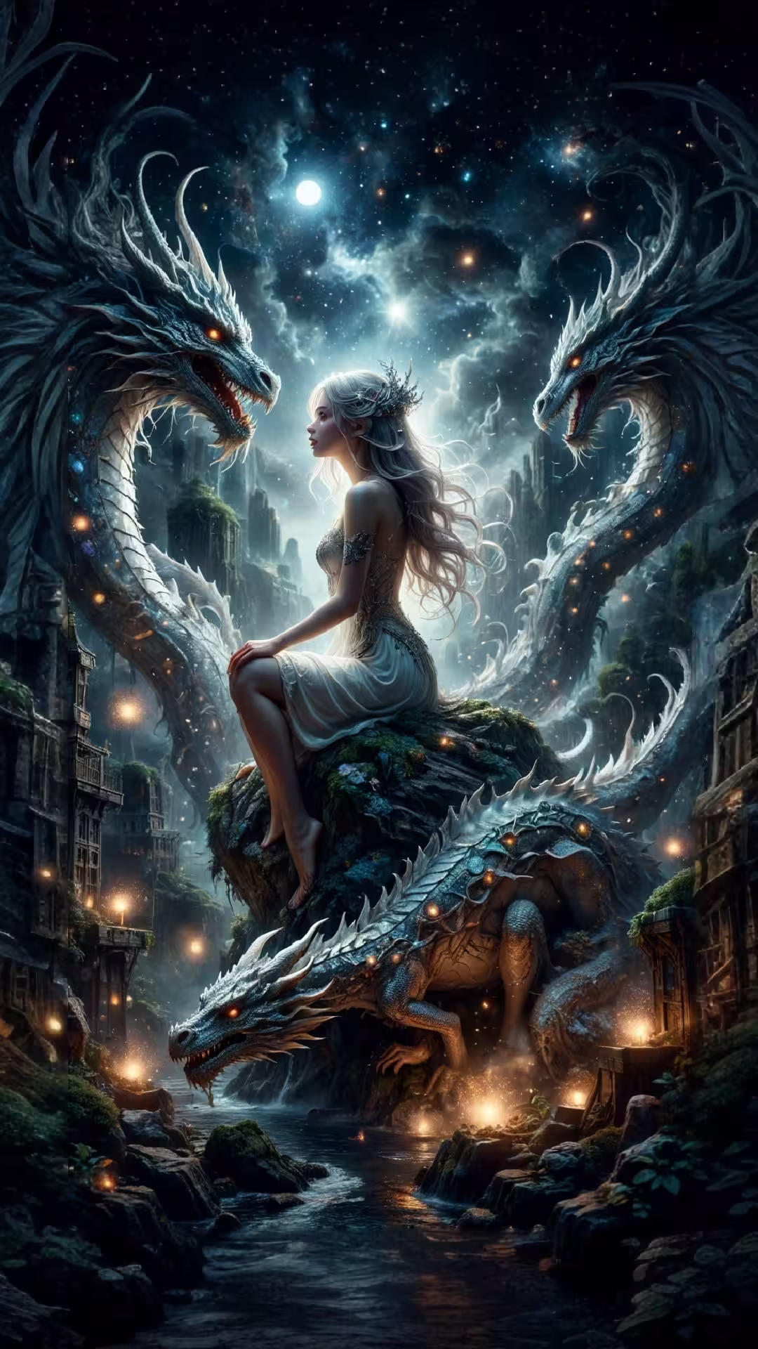 White hair dragon princess wallpaper 4K with a woman sitting on a dragon beneath a starry night sky and twin dragons.