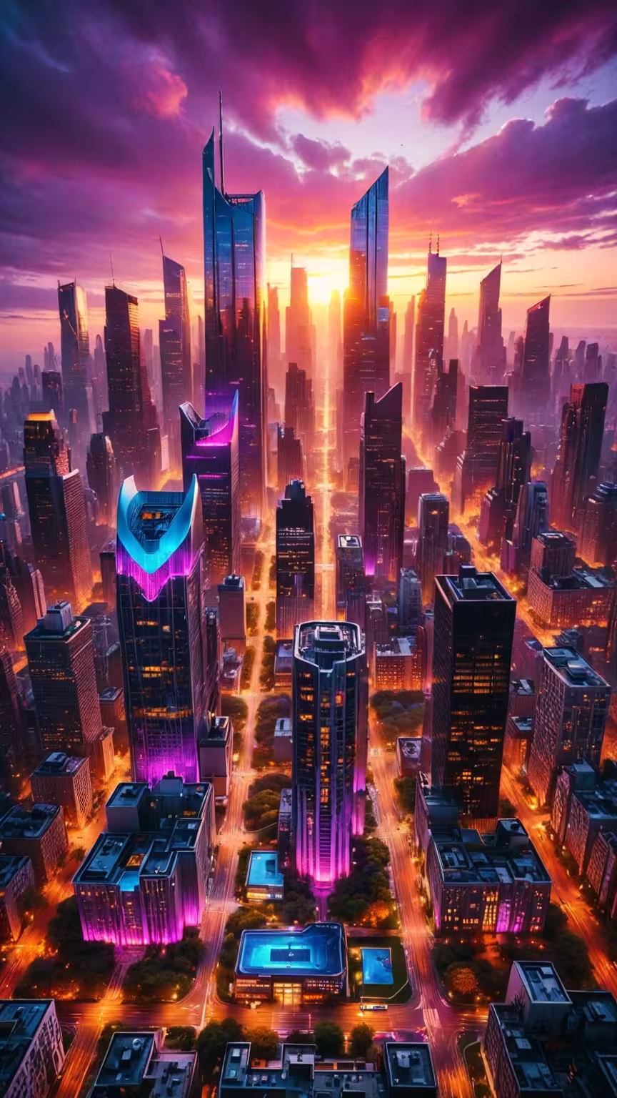Futuristic synthwave city 4K mobile wallpaper: aerial view of a neon-lit metropolis under a purple and orange sunset.