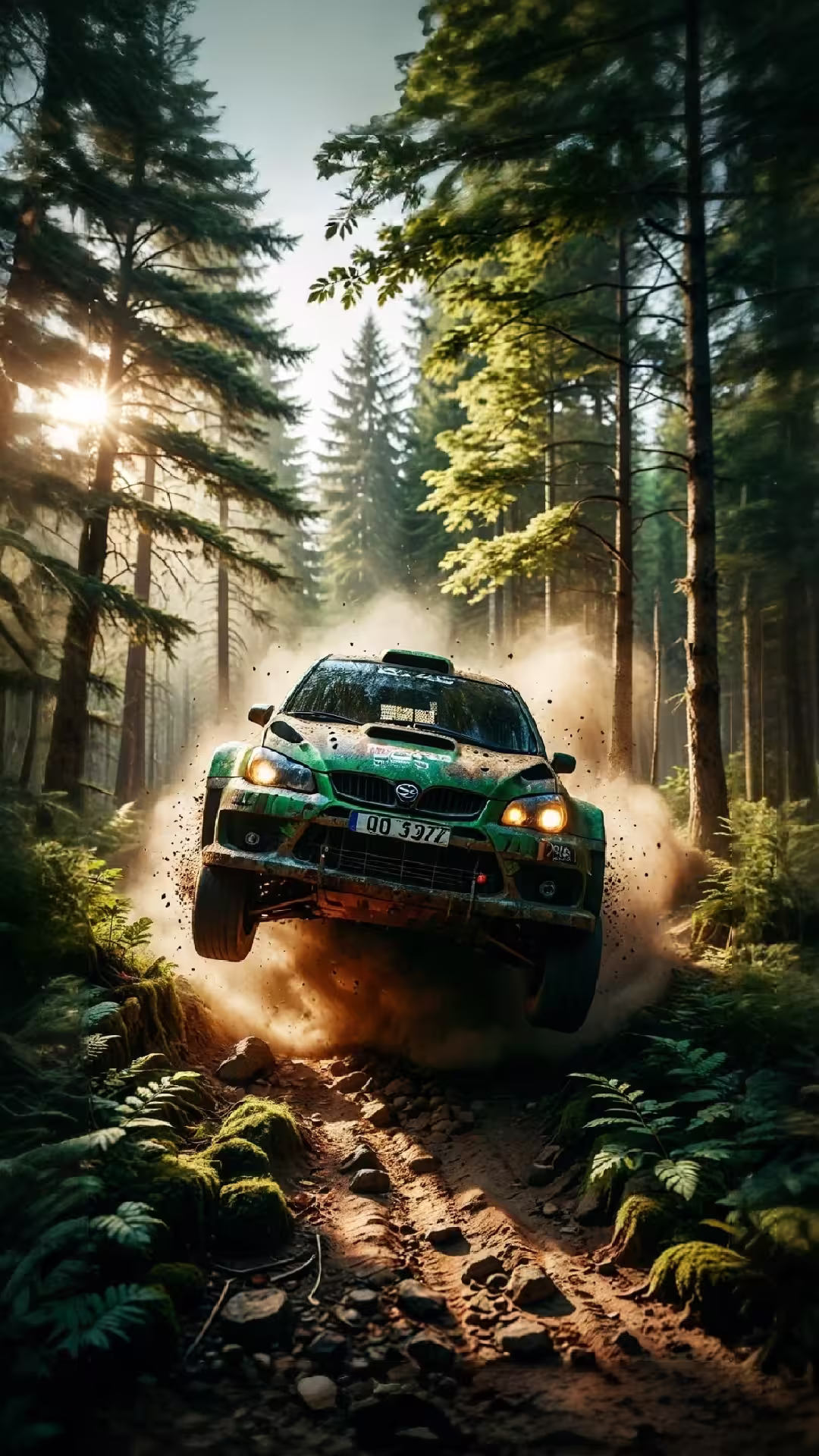 Rally car forest jump wallpaper 4K featuring a green off-road vehicle flying through a dusty sunlit pine forest.