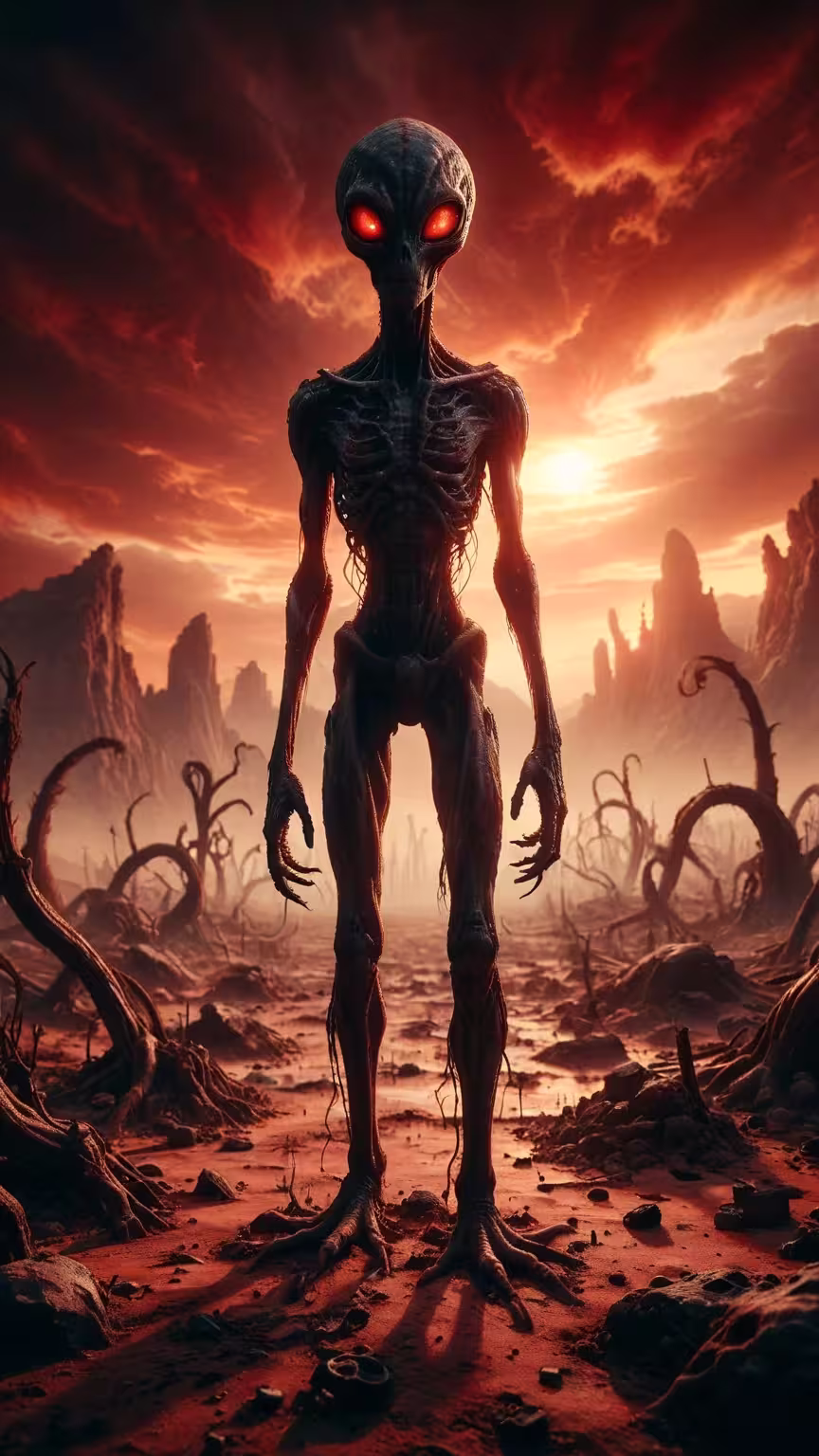 Menacing alien sunset 4K mobile wallpaper: a tall, skeletal extraterrestrial with glowing red eyes on a desert planet.