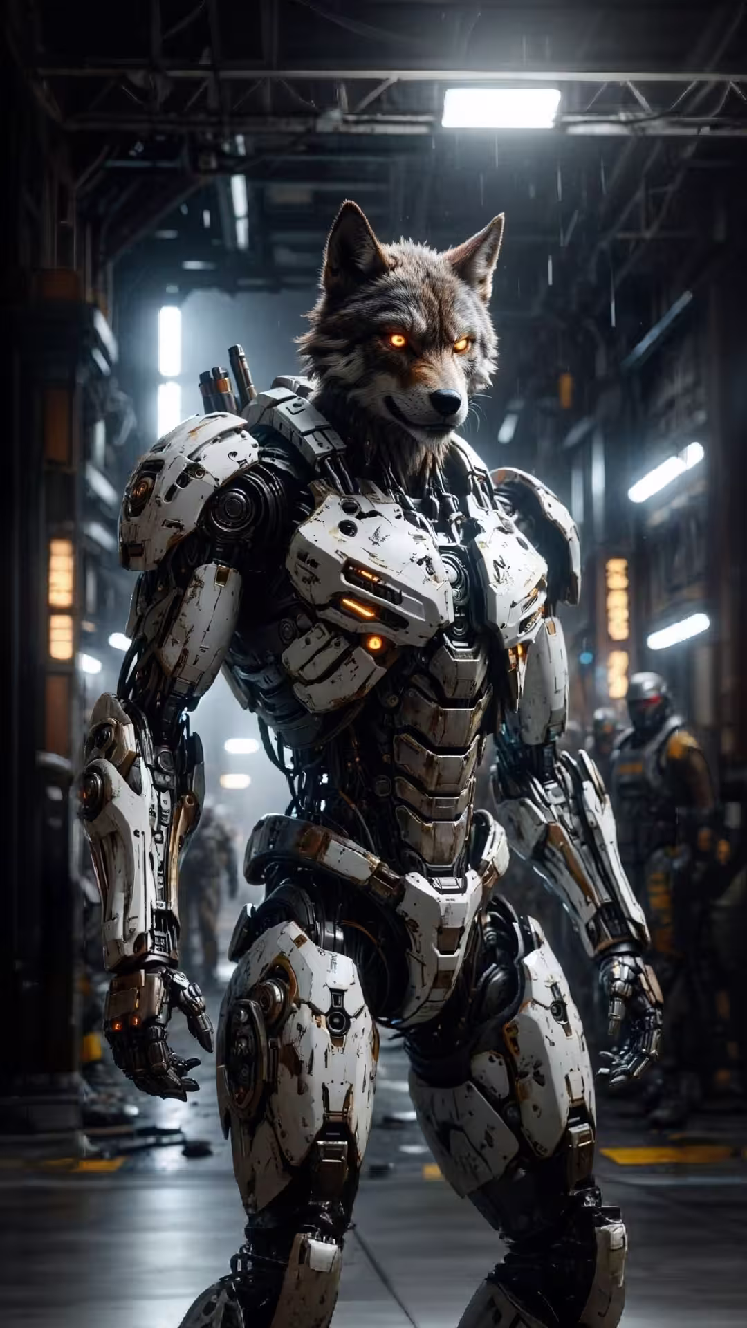 Futuristic wolf cyborg 4K mobile wallpaper: a mechanical humanoid wolf in white battle armor standing in a dark hangar.