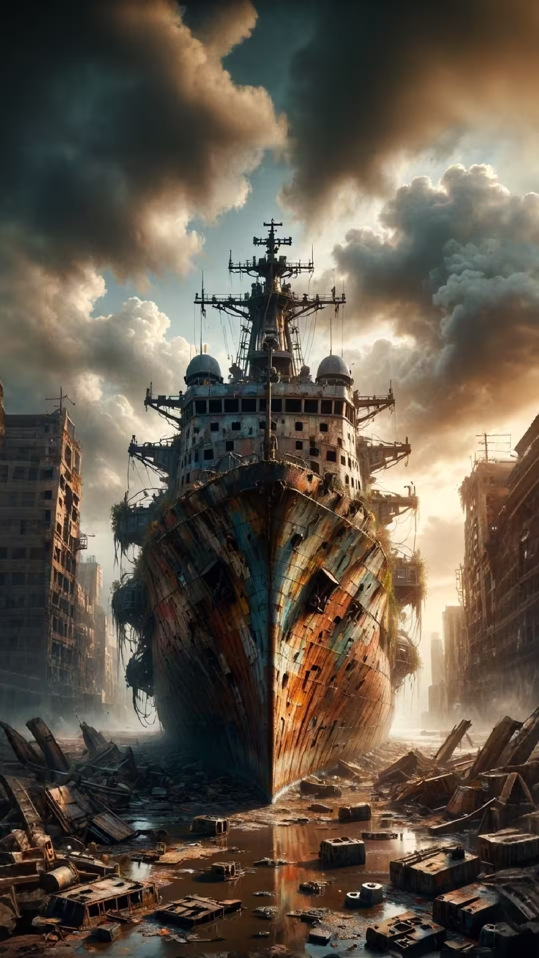 Post-apocalyptic ghost ship 4K mobile wallpaper: a massive rusted vessel stranded in a ruined city under a stormy sky.